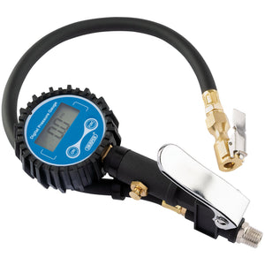 The Draper Digital In-Line Tyre Inflator - TI4 features a black rubber hose, a blue display screen, and brass fittings. It includes an on/off button, a metallic clip for attachment, and is compatible with any tyre inflator to provide accurate maximum inflation pressure readings.