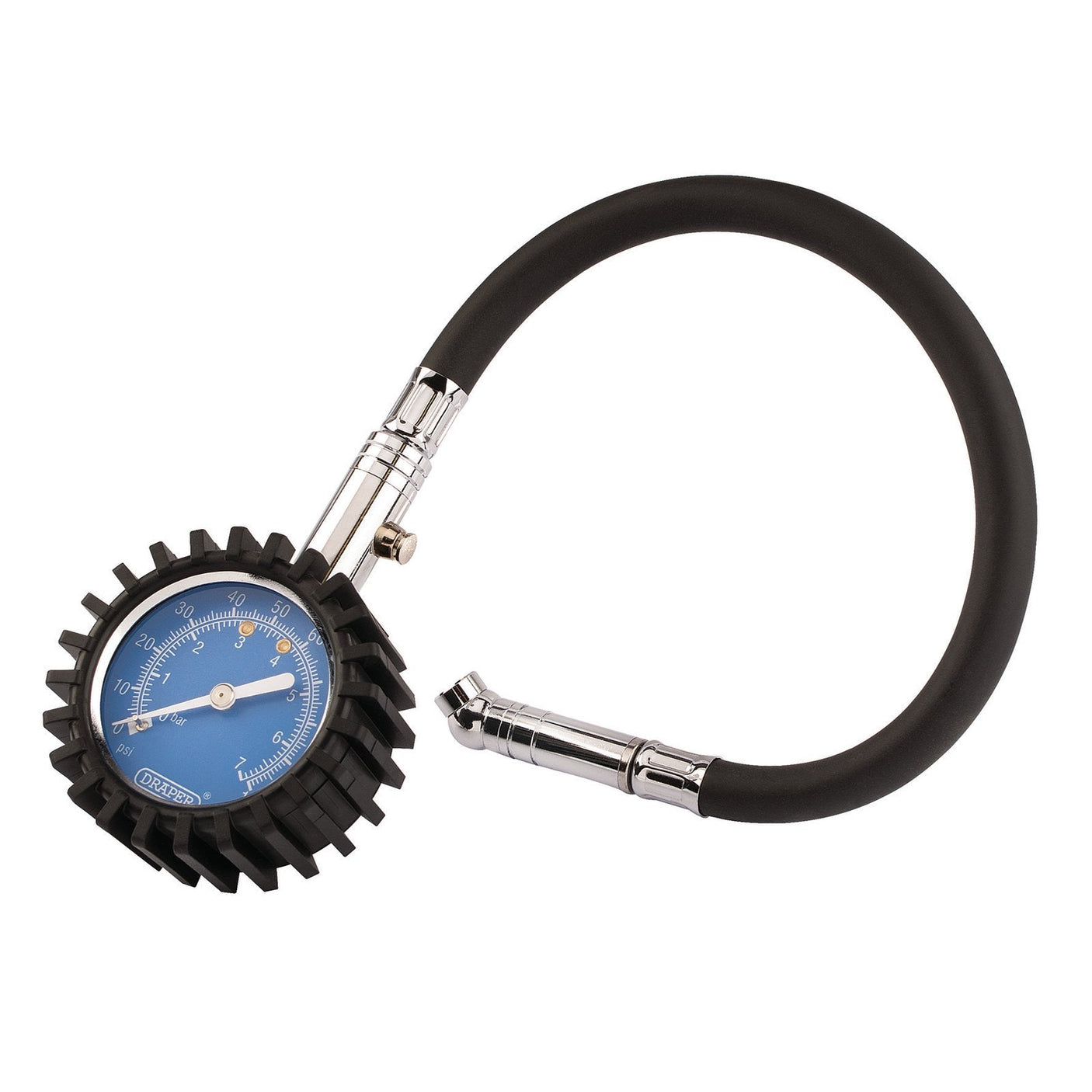 The Draper Tyre Pressure Gauge, model TPG3, features a 55mm gauge in black and blue, complete with a flexible hose and rugged protective casing. It measures pressure from 0 to 100 Psi (0 to 7 Bar).