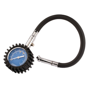 The Draper Tyre Pressure Gauge, model TPG3, features a 55mm gauge in black and blue, complete with a flexible hose and rugged protective casing. It measures pressure from 0 to 100 Psi (0 to 7 Bar).