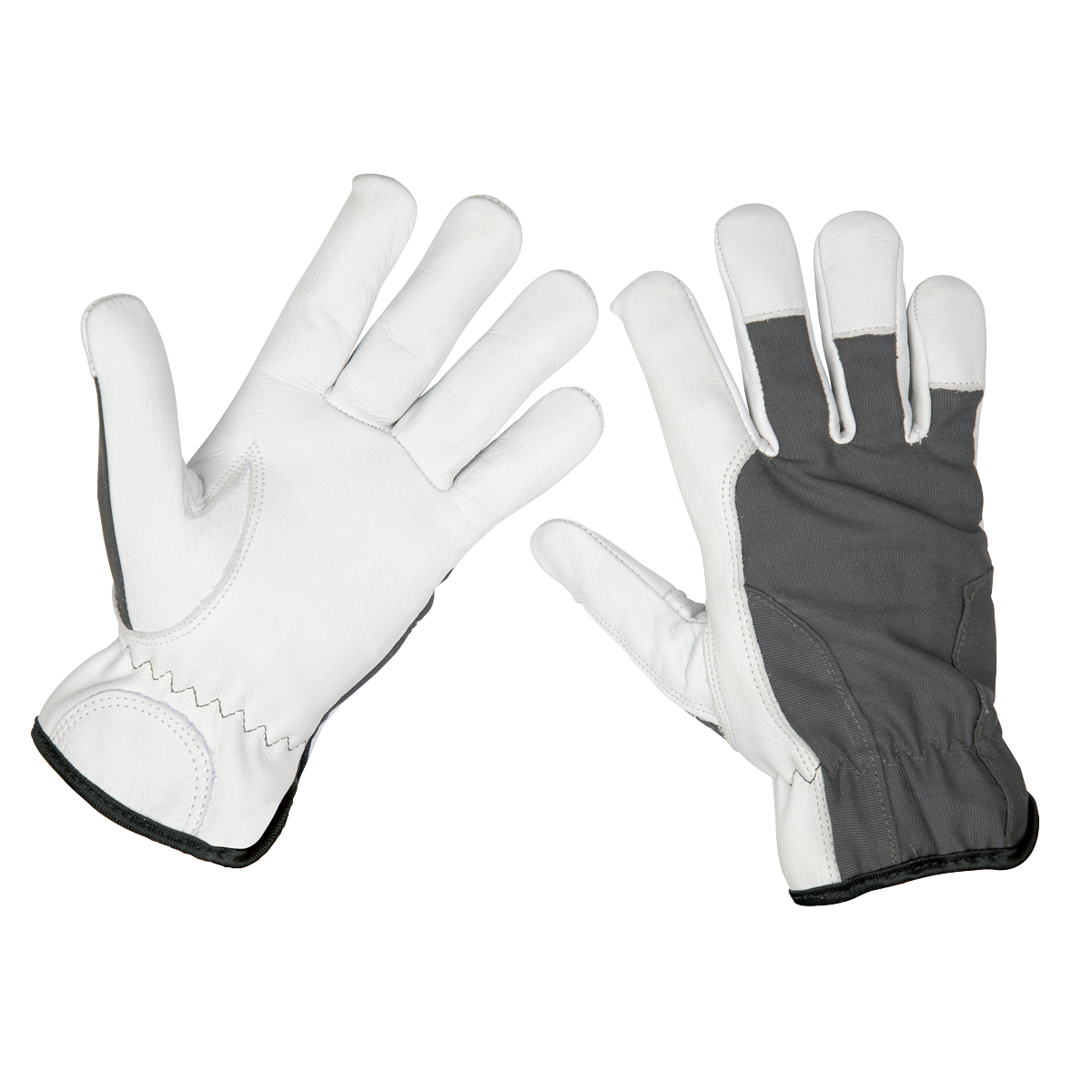 Introducing the Sealey Super Cool Hide Gloves Large - 9136L, a pair of premium gloves with white full grain cowhide palms and fingers, breathable gray fabric on the back, and elastic cuffs for a snug fit.