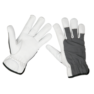 Introducing the Sealey Super Cool Hide Gloves Large - 9136L, a pair of premium gloves with white full grain cowhide palms and fingers, breathable gray fabric on the back, and elastic cuffs for a snug fit.