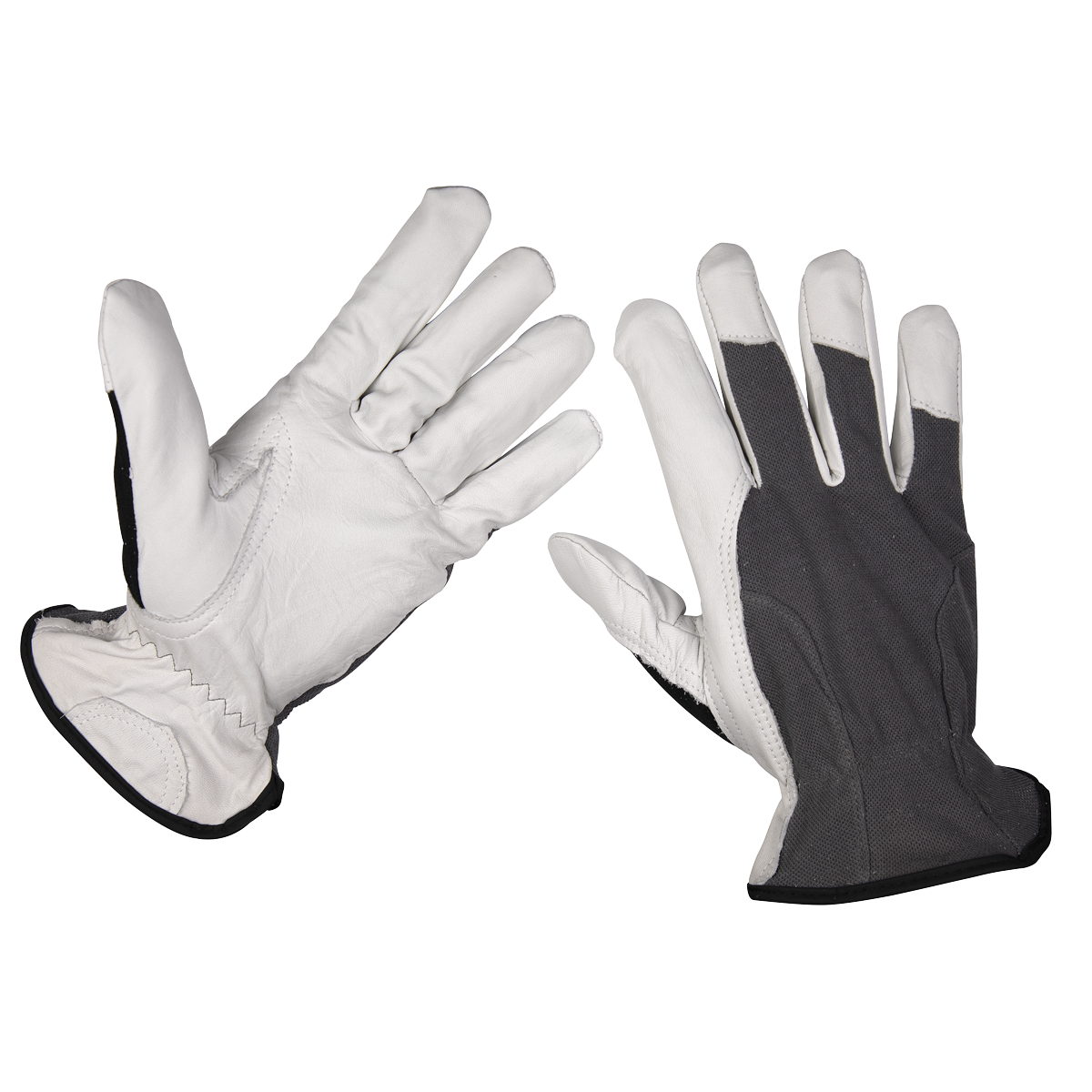 The Sealey Super Cool Hide Gloves X-Large (Pair) - 9136XL feature premium white full grain cow hide palms and gray fabric on the back of the hands, complete with an adjustable wrist for a snug fit.