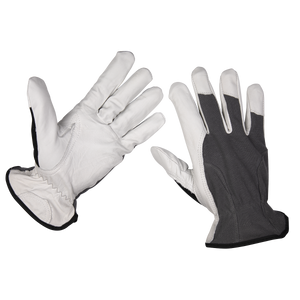 The Sealey Super Cool Hide Gloves X-Large (Pair) - 9136XL feature premium white full grain cow hide palms and gray fabric on the back of the hands, complete with an adjustable wrist for a snug fit.