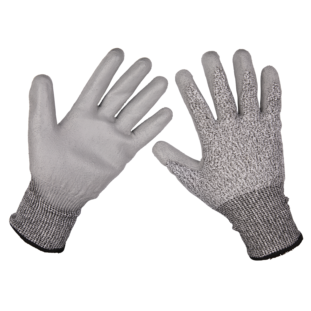 The Sealey Anti-Cut PU Gloves (Cut Level C - X-Large) - Pair (9139XL) are grey, knitted safety gloves that offer cut resistance and feature a textured grip on the palms and fingers with a polyurethane coating.