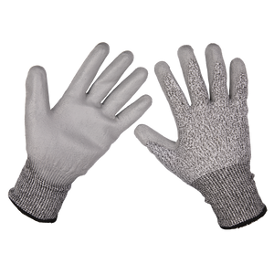 The Sealey Anti-Cut PU Gloves (Cut Level C - X-Large) - Pair (9139XL) are grey, knitted safety gloves that offer cut resistance and feature a textured grip on the palms and fingers with a polyurethane coating.