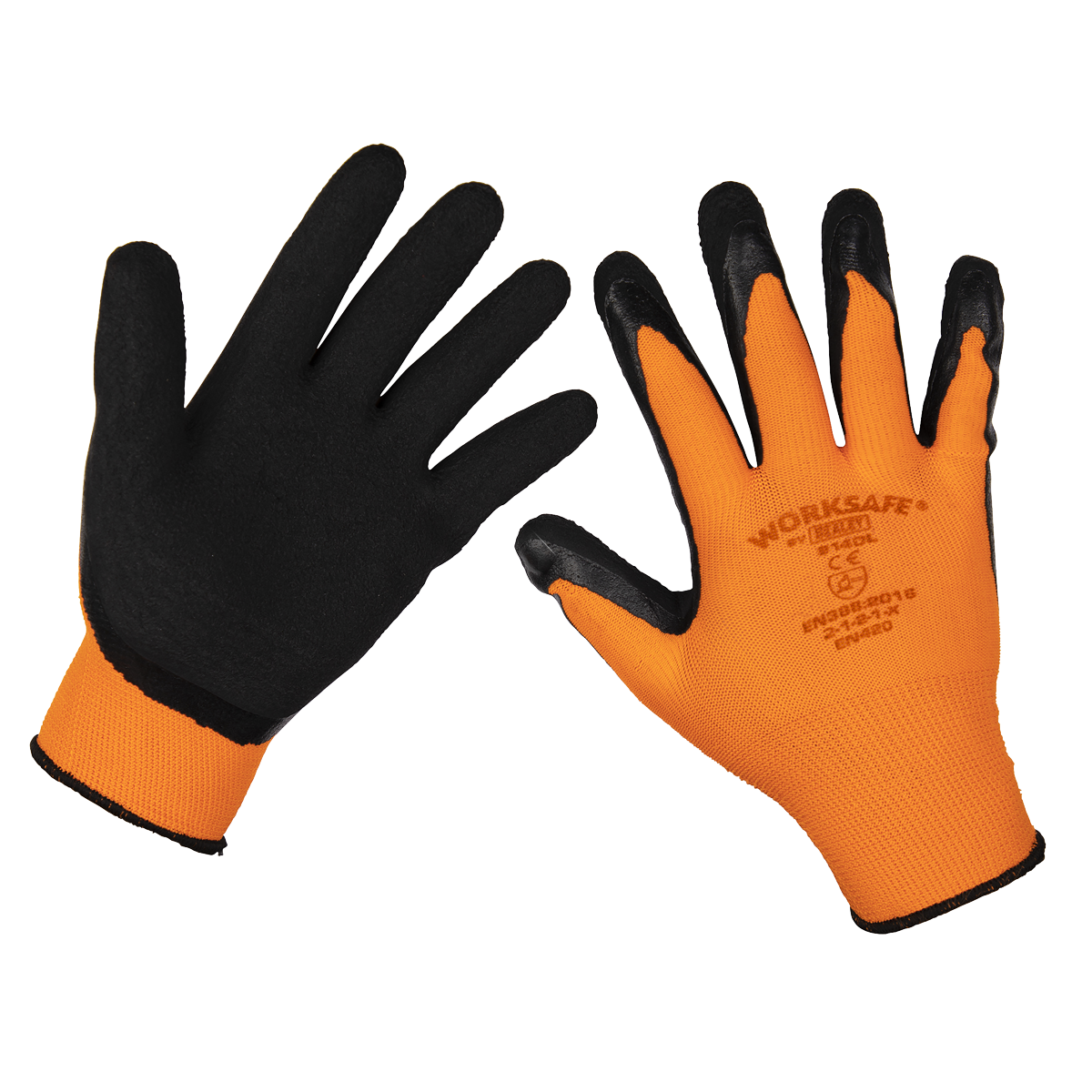 Among the pack of Sealey Foam Latex Gloves (Large) - 9140L/12, two gloves are displayed showcasing their distinct features. The back of one glove and the palm of the other are visible, revealing black palms designed for superior grip and orange backs adorned with "WORKSAFE" and essential safety details. CE Marked for added reassurance, these gloves combine durability with a lightweight design.