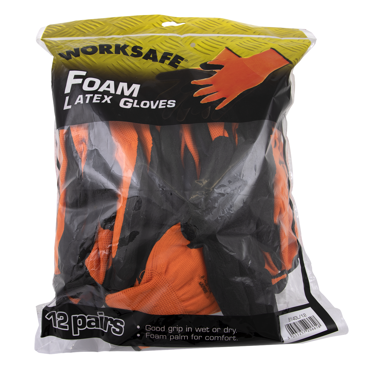 A pack of Sealey brand foam latex gloves (Large), containing 12 pairs, model number 9140L/12. The packaging highlights superior grip in wet or dry conditions, a lightweight design for ease of use, and a foam palm for comfort, ensuring these CE Marked gloves meet quality standards.