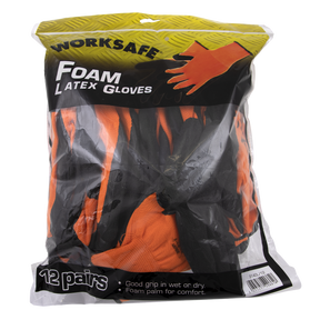 A pack of Sealey brand foam latex gloves (Large), containing 12 pairs, model number 9140L/12. The packaging highlights superior grip in wet or dry conditions, a lightweight design for ease of use, and a foam palm for comfort, ensuring these CE Marked gloves meet quality standards.