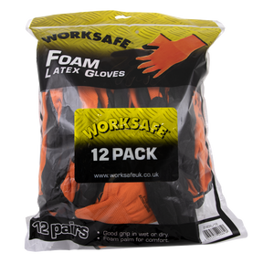 Package of Sealey Foam Latex Gloves (X-Large) - 12 pairs - 9140XL/12 in orange and black, labeled for superior grip in wet or dry conditions with a lightweight design and foam palm for added comfort.