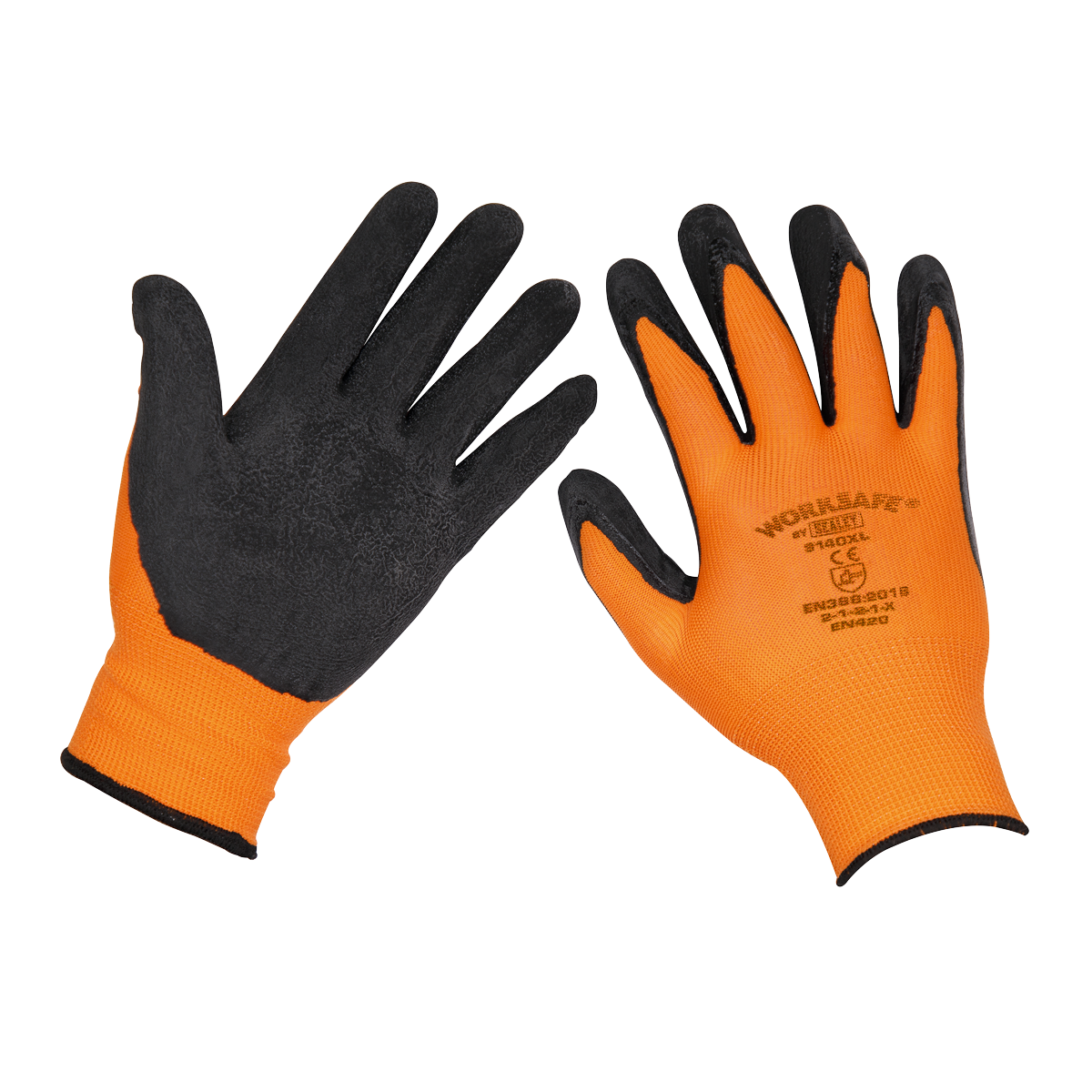 The Sealey Foam Latex Gloves (X-Large) - Pack of 120 Pairs (9140XL/B120) come in orange and black with a durable latex coating. The back of one glove features the text "WORKSAFE" and various safety ratings, ensuring they provide superior grip and a secure hold in any condition.