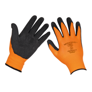 The Sealey Foam Latex Gloves (X-Large) - Pack of 120 Pairs (9140XL/B120) come in orange and black with a durable latex coating. The back of one glove features the text "WORKSAFE" and various safety ratings, ensuring they provide superior grip and a secure hold in any condition.