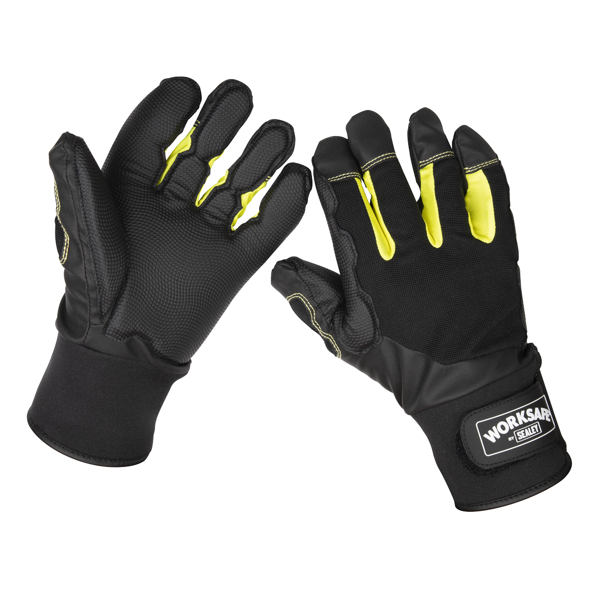 Pair of Sealey Anti-Vibration Gloves (Large, 9142L) in black with yellow accents, featuring reinforced fingertips and a Sealey brand logo on the wrist strap. Made with breathable fabric, these gloves provide comfort during long hours of use.