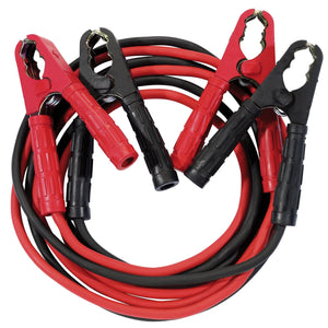 The Draper Expert Heavy Duty Booster Cables, 3M x 25mm² - BCS3 feature a coiled pair of black and red heavy-duty cables with alligator clips on both ends, insulated with TPE, ideal for jump-starting car batteries.