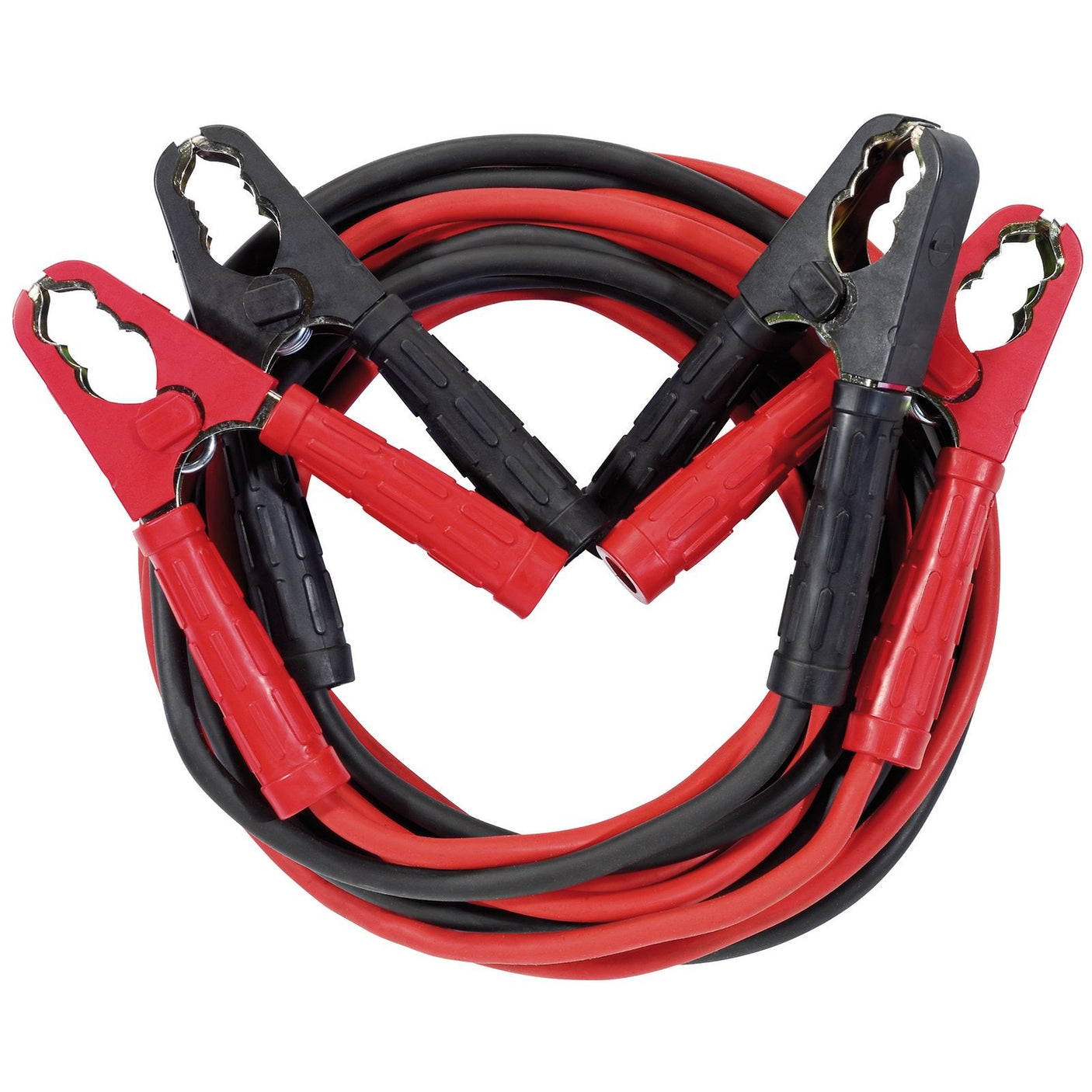 A set of Draper Expert Heavy Duty Booster Cables (3M x 16mm² - BCS4), featuring red and black cables with clamps on each end, coiled in a circle.