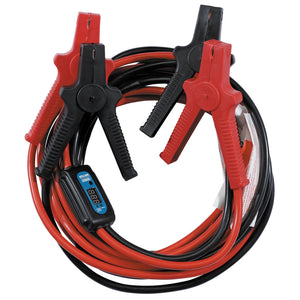 A set of Draper Surge Protection Booster Cables, 5M X 29mm² - BCS5, featuring red and black coiled cables, attached clamps, and an anti-surge protection digital display meter.