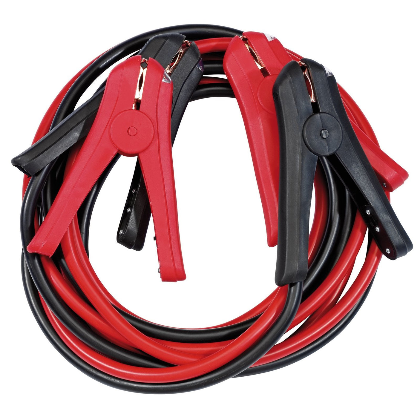 The Draper Led Booster Cables, 3M X 29mm² - BCS6 feature a coiled design with red and black clamps, specifically engineered for 12V/24V systems.