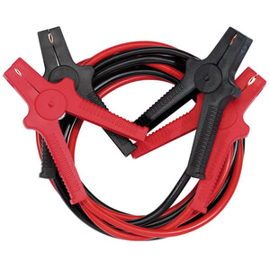 The Draper Booster Cables, 3M X 18mm² - BCS8, feature a coiled pair of black and red cables with heavy-duty handles and clamps, making them ideal for connecting car batteries in 6V/12V systems.