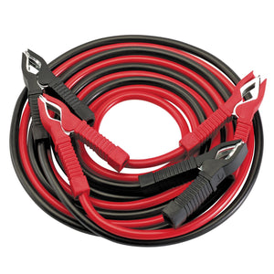 The Draper Motorcycle Booster Cables, 2M x 5mm² - BCS10, feature coiled red and black cables with alligator clamps, suitable for 6V/12V systems.