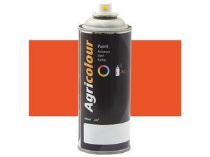 A 400 ml aerosol can of Agricolour Paint - Traffic Orange stands against a red-orange background. The can, branded as Sparex Part Number S.92009, features a yellow spray nozzle and labeling that indicates it provides coverage for up to 2 square meters in a vibrant gloss finish.