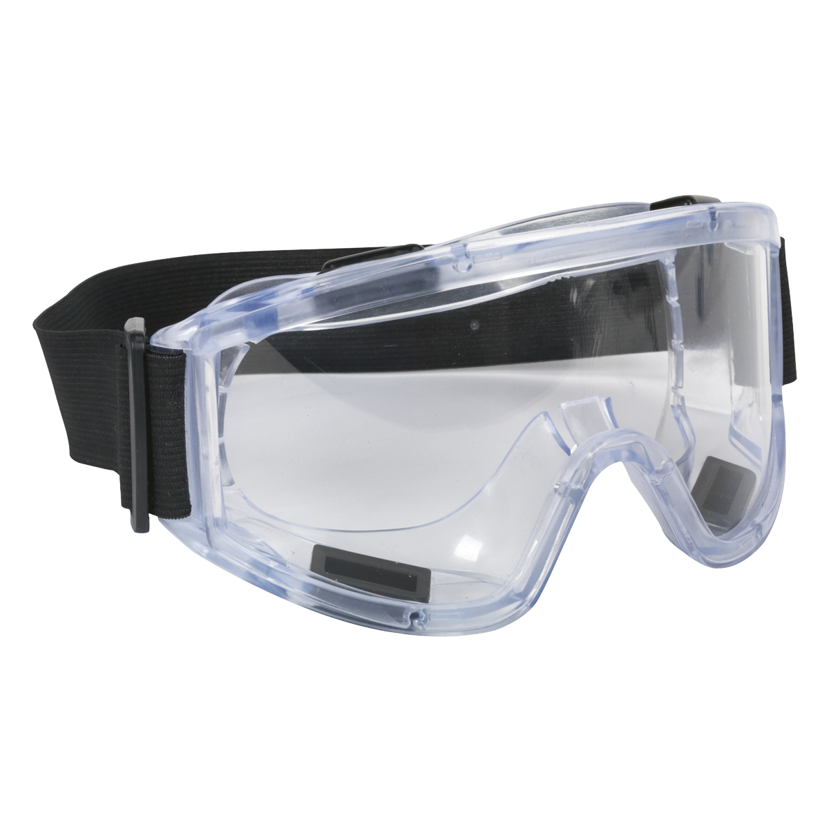 Sealey Premium Goggles - Indirect Vent - 9202, featuring a black adjustable headband and a wide-angle curved lens for enhanced visibility.