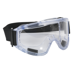 Sealey Premium Goggles - Indirect Vent - 9202, featuring a black adjustable headband and a wide-angle curved lens for enhanced visibility.