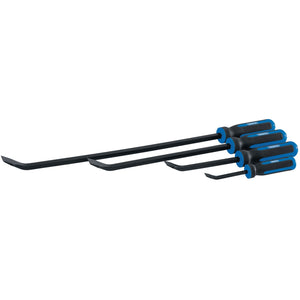 The Draper Soft Grip Pry Bar Set (5 Piece) - PB/SET/SG4 includes four black and blue pry bars of varying sizes with shock-resistant handles, arranged in ascending order of length. Each tool is equipped with a striking cap for added durability.