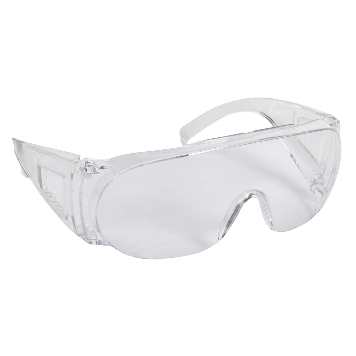 The Sealey Over-Spectacles - 9203 are clear safety goggles featuring a wraparound design and transparent lens, made from lightweight polycarbonate for durable eye protection. These goggles comply with BS EN 166/1F standards and can be worn over prescription glasses.