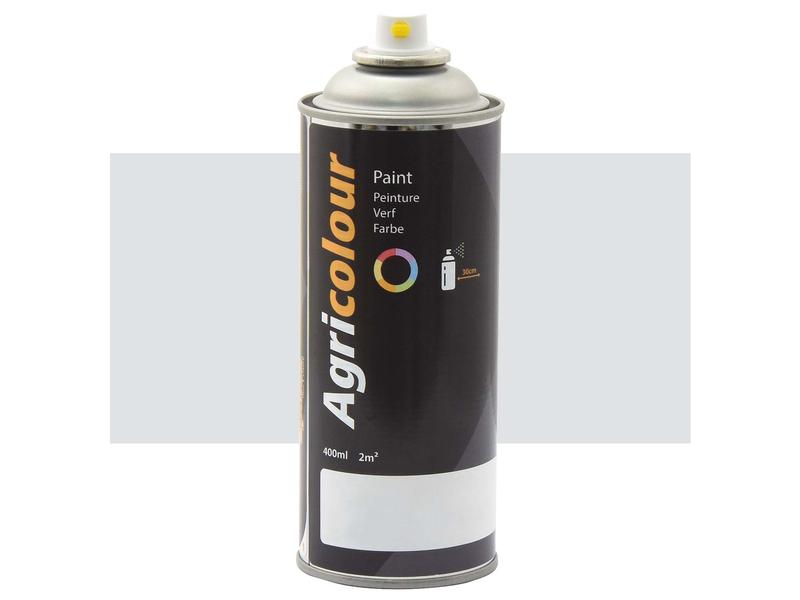 A 400ml can of Sparex Agricolour gloss spray paint in Grey White, featuring multilingual text and color circles with a yellow nozzle, covers an area of 2m². Perfect for preparing metal surfaces, this versatile aerosol guarantees a smooth finish.