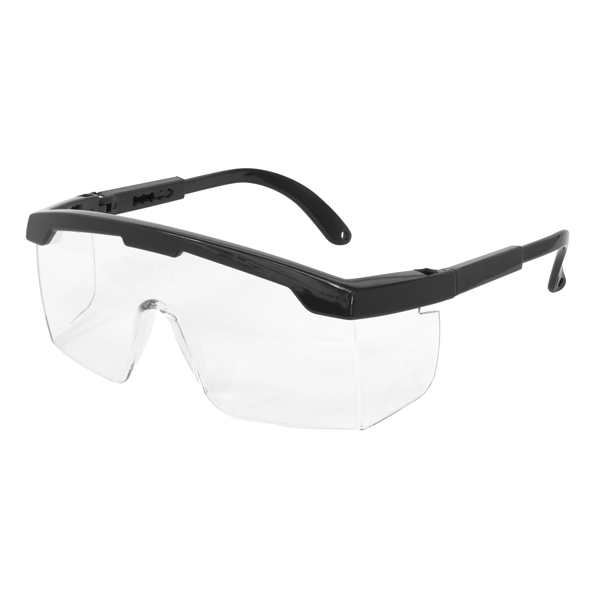 The Sealey Value Safety Glasses - 9204 feature black plastic frames, side shields, and clear polycarbonate safety lenses. Designed with direct ventilation, they comply with BS EN 166/1F standards.