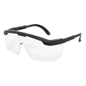 The Sealey Value Safety Glasses - 9204 feature black plastic frames, side shields, and clear polycarbonate safety lenses. Designed with direct ventilation, they comply with BS EN 166/1F standards.