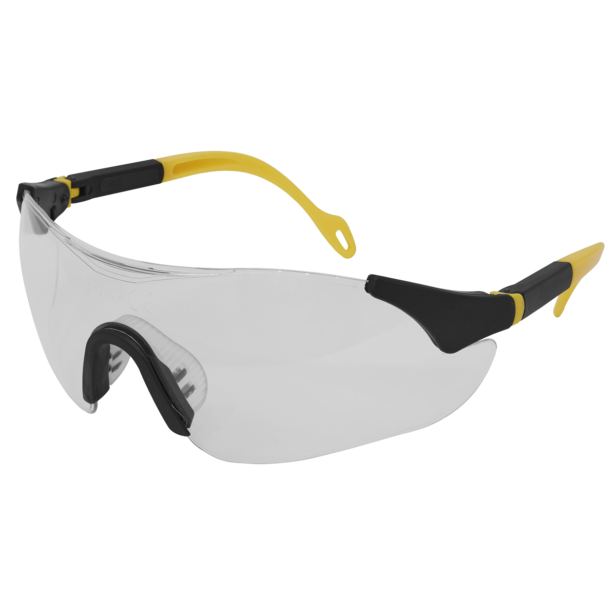 The Sealey Sports Style Clear Safety Glasses with Adjustable Arms - 9208 feature polycarbonate lenses, black and yellow adjustable arms, and a wraparound design for a close fit.