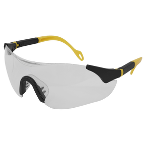 The Sealey Sports Style Clear Safety Glasses with Adjustable Arms - 9208 feature polycarbonate lenses, black and yellow adjustable arms, and a wraparound design for a close fit.
