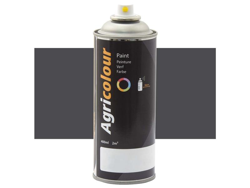 A 400ml can of Sparex Paint - Agricolour Grey Gloss aerosol, perfect for metal surface preparation. This product features a black label with various text in multiple languages and a yellow nozzle.