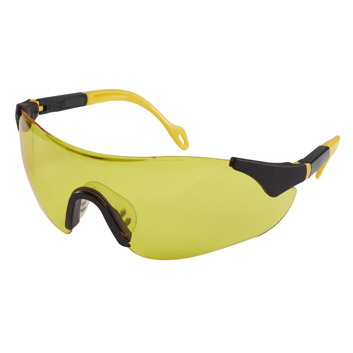 Sealey's Sports Style High-Vision Safety Glasses with Adjustable Arms - 9212, featuring yellow-tinted lenses and a black and yellow wraparound frame design.