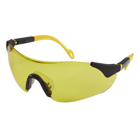 Sealey's Sports Style High-Vision Safety Glasses with Adjustable Arms - 9212, featuring yellow-tinted lenses and a black and yellow wraparound frame design.