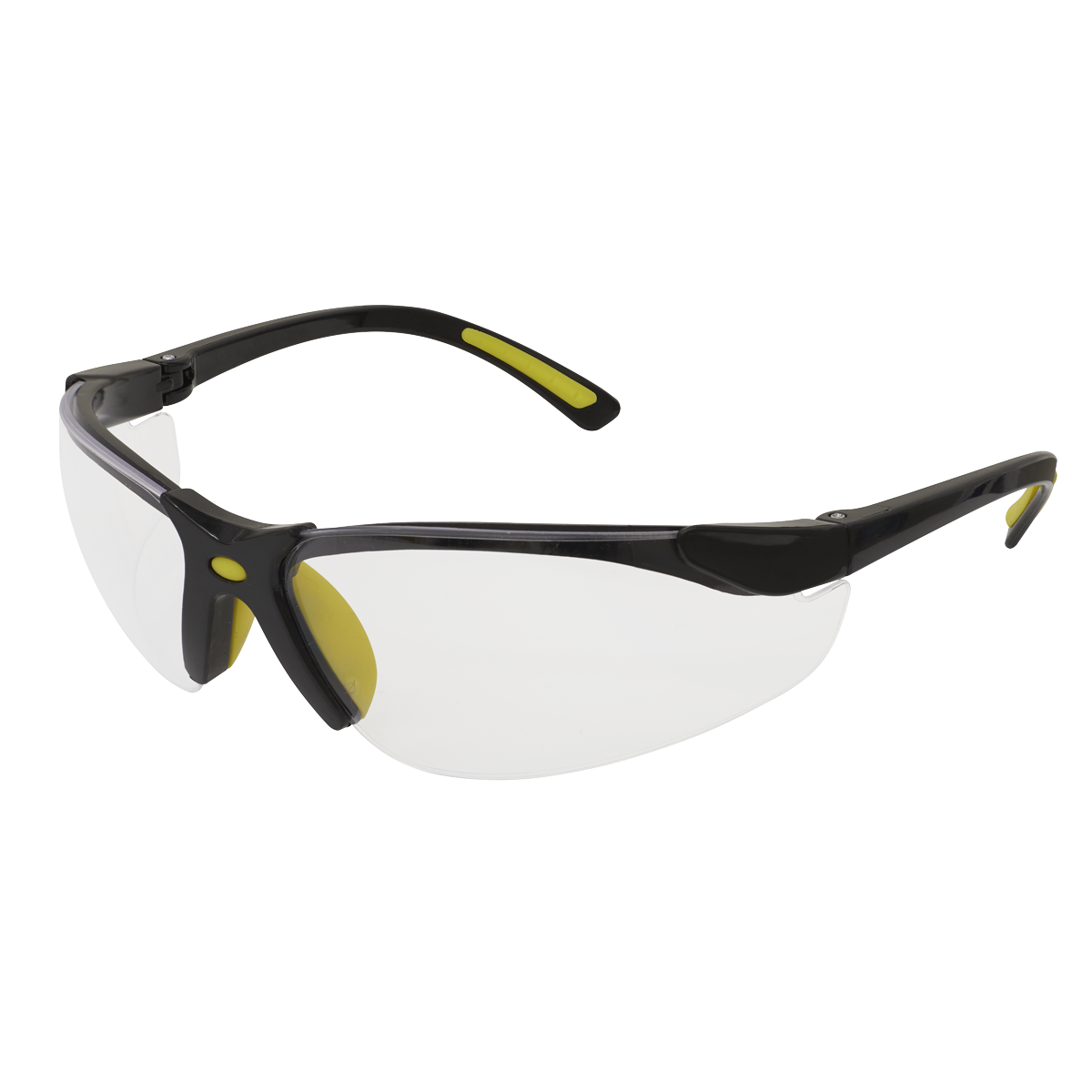 The Zante Style Clear Safety Glasses with Flexi Arms - 9213 by Sealey feature a black frame with yellow accents and clear polycarbonate lenses, including a soft, comfortable nose bridge for added ease during extended wear.