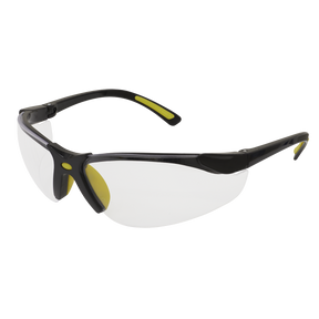 The Zante Style Clear Safety Glasses with Flexi Arms - 9213 by Sealey feature a black frame with yellow accents and clear polycarbonate lenses, including a soft, comfortable nose bridge for added ease during extended wear.