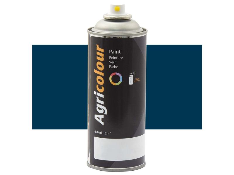 A can of Sparex Agricolour spray paint, part number S.92139, holds 400ml and showcases a sleek gloss finish with a predominantly black label adorned with a blue paint mark on a dark teal background.