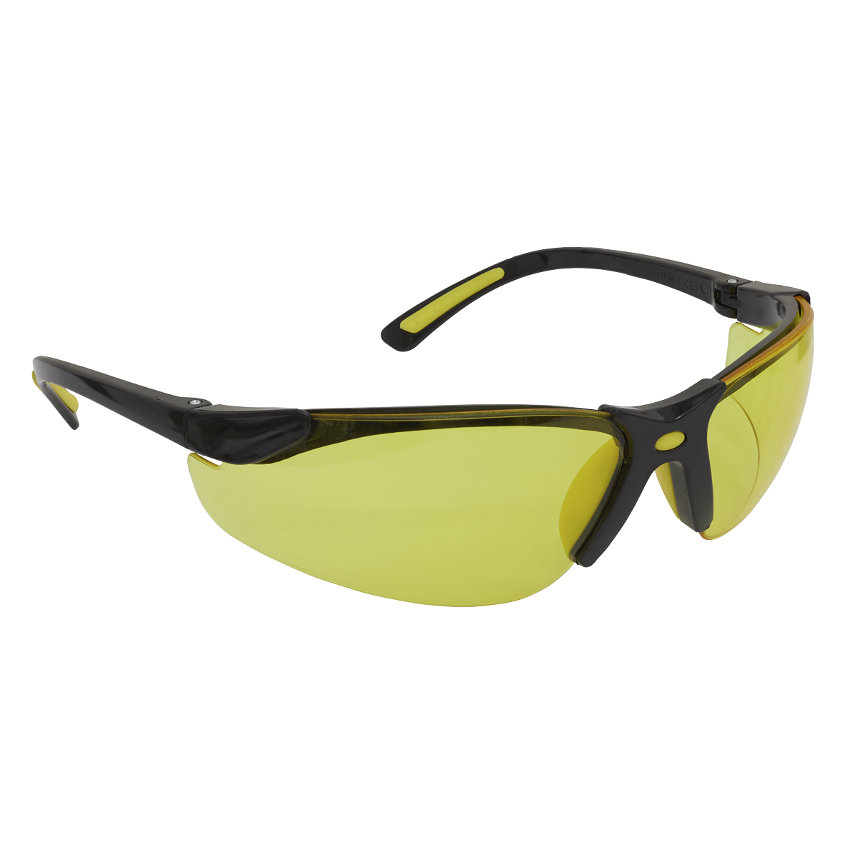 Sealey's Zante Style Amber Lens Safety Glasses with Flexi Arms - 9215 feature sleek black frames designed in a sports style and polycarbonate yellow lenses.