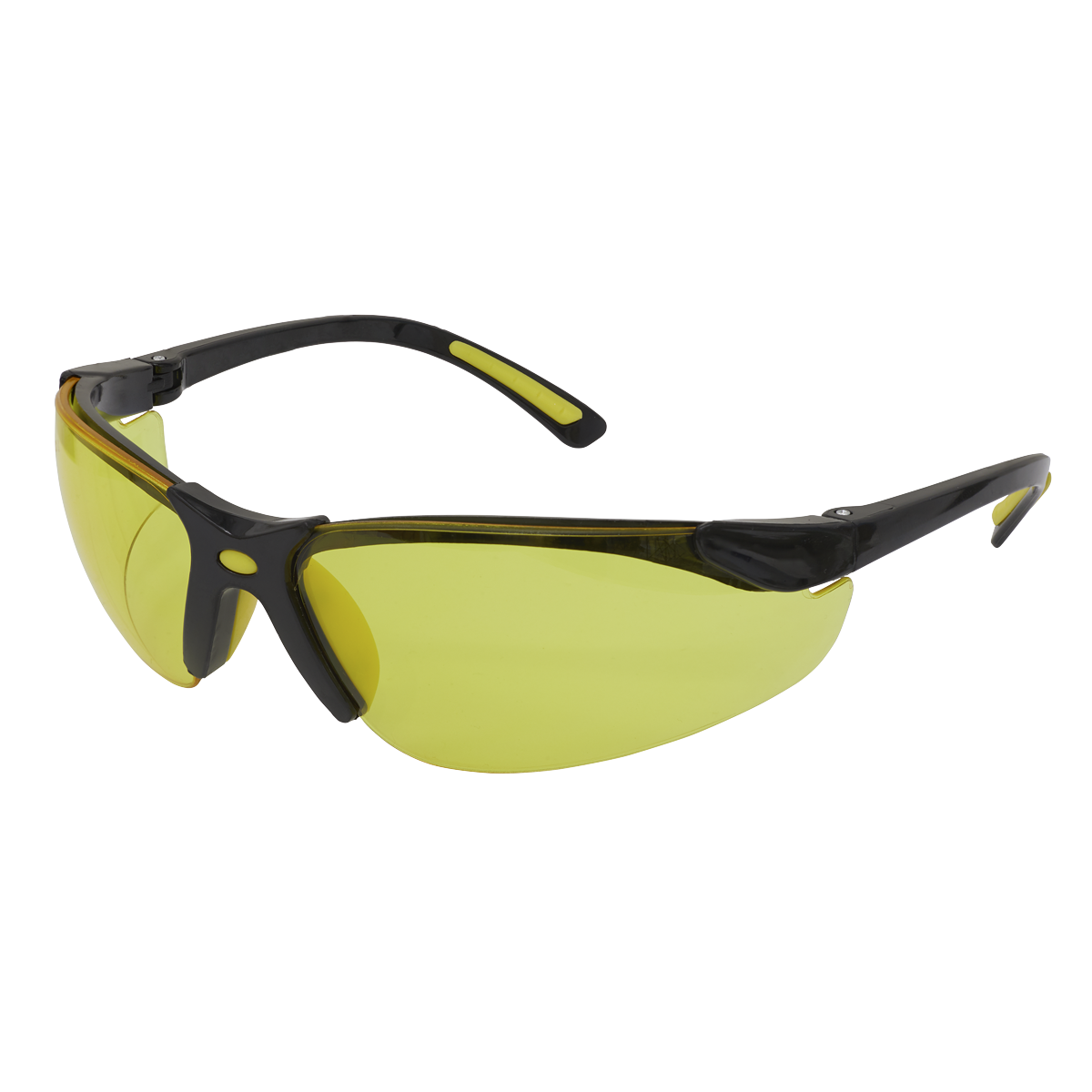 The Sealey Zante Style Amber Lens Safety Glasses with Flexi Arms - 9215 features a sports style with black frames and durable polycarbonate yellow lenses, designed for optimal eye protection.