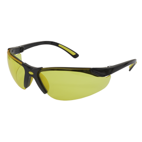 The Sealey Zante Style Amber Lens Safety Glasses with Flexi Arms - 9215 features a sports style with black frames and durable polycarbonate yellow lenses, designed for optimal eye protection.