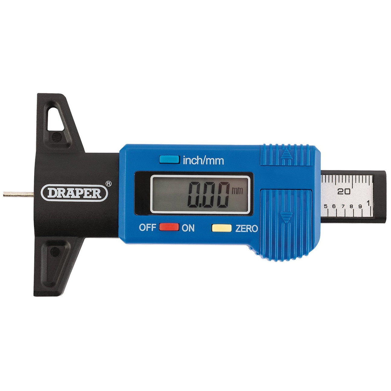 The Draper Digital Tyre Tread Depth Gauge - TG1-B is a blue and black device featuring an LCD display screen that shows 0.00, a small probe, and measurement markings. It includes a zero setting function and is manufactured by Draper.