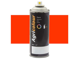 A 400 ml aerosol paint can labeled "Paint - Agricolour - Orange, Gloss," featuring the Sparex brand and product number S.92224, stands against a bold red background. The can contains vibrant, rich orange gloss paint.