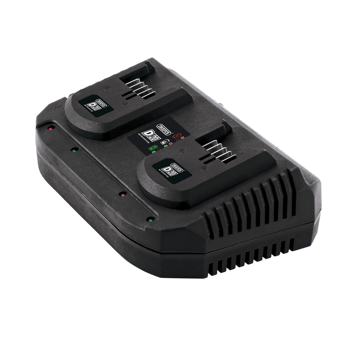 The Draper D20 20V Li-Ion Fast Twin Battery Charger (D20TBCF) with LED indicators is designed for charging two batteries simultaneously. This dual-slot charger, part of the Draper interchangeable battery system, ensures both versatility and efficiency.