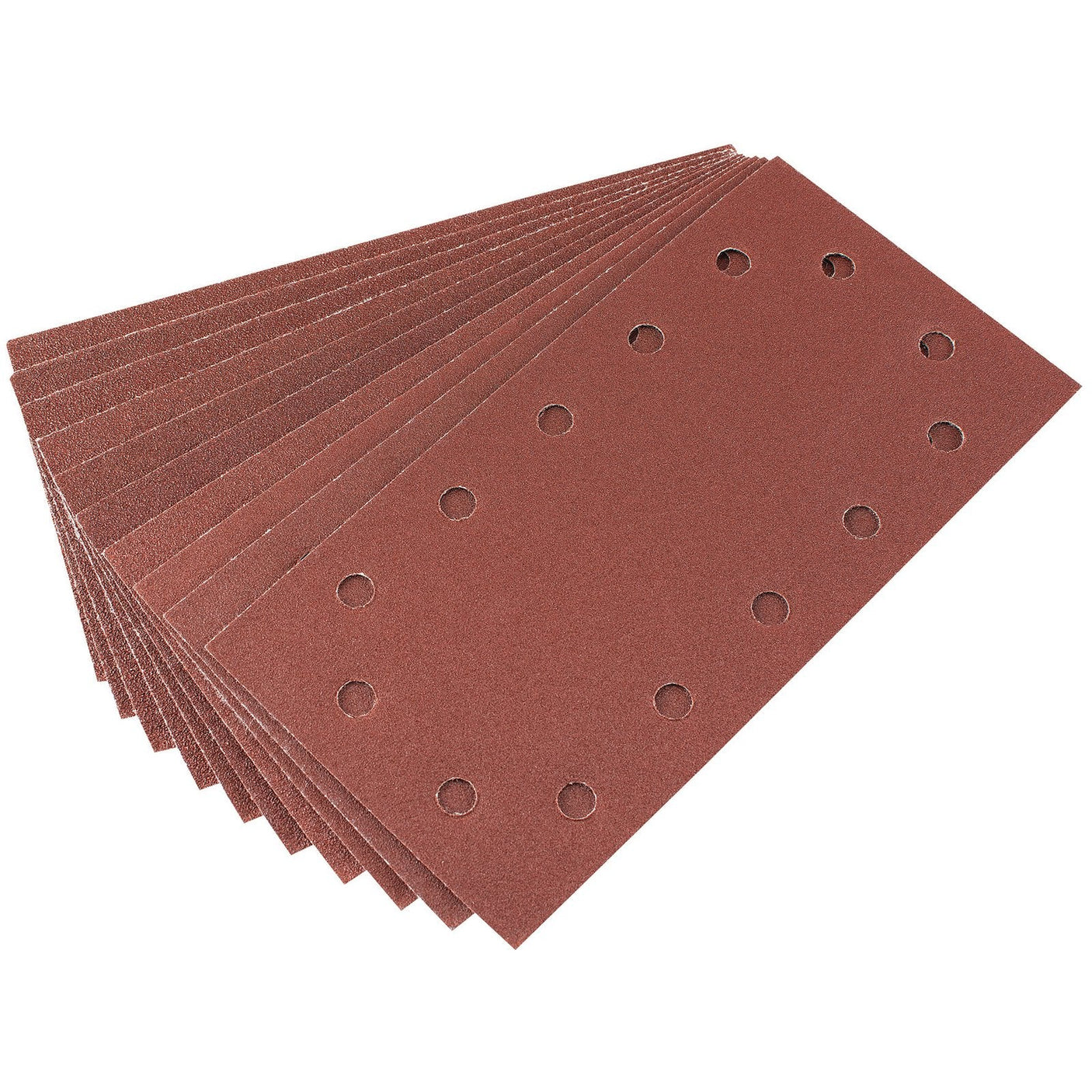 Introducing the Draper Assorted Aluminium Oxide Sanding Sheets, 115 X 227mm (Pack Of 10) - APT252: brown rectangular sheets featuring ten perforated holes in two vertical rows, perfect for sanding machines and crafted with high-quality aluminium oxide abrasive.