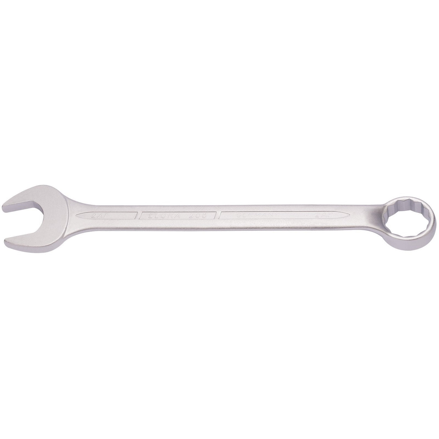 The Draper Elora Long Imperial Combination Spanner, 2" - 205A-2 by Draper features an open-end on one side and a bi-hexagon ring box-end on the other. It's constructed from durable chrome vanadium steel for enhanced corrosion protection, making it ideal for gripping and turning nuts and bolts.