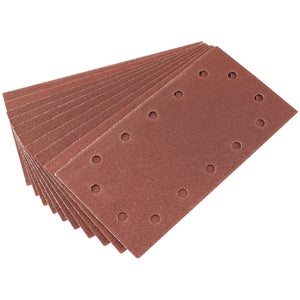 The Draper Aluminium Oxide Sanding Sheets, 115 X 227mm, 80 Grit - APT252 feature a stack of rectangular sanding sheets with 10mm holes arranged in two evenly spaced rows and are coated with durable aluminium oxide abrasive.