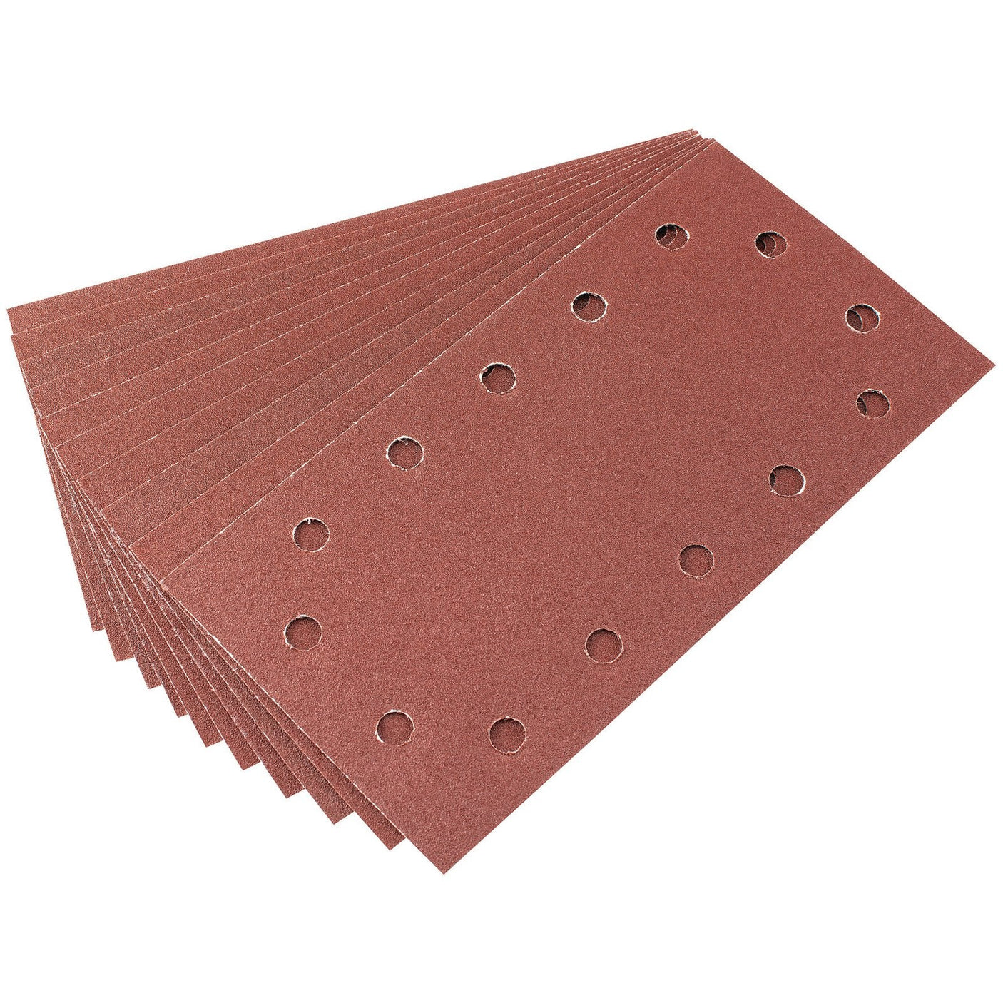 A stack of Draper Aluminium Oxide Sanding Sheets, measuring 115 x 227mm and with a 120 grit, featuring holes arranged in two parallel rows, designed specifically for use with Draper sanding machines.