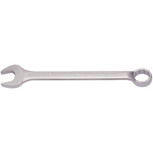 The Draper Elora Long Combination Spanner, 50mm - 205-50 by Draper, is a silver wrench featuring an open-end and a bi-hexagon ring, crafted from durable chrome vanadium steel for enhanced corrosion protection.