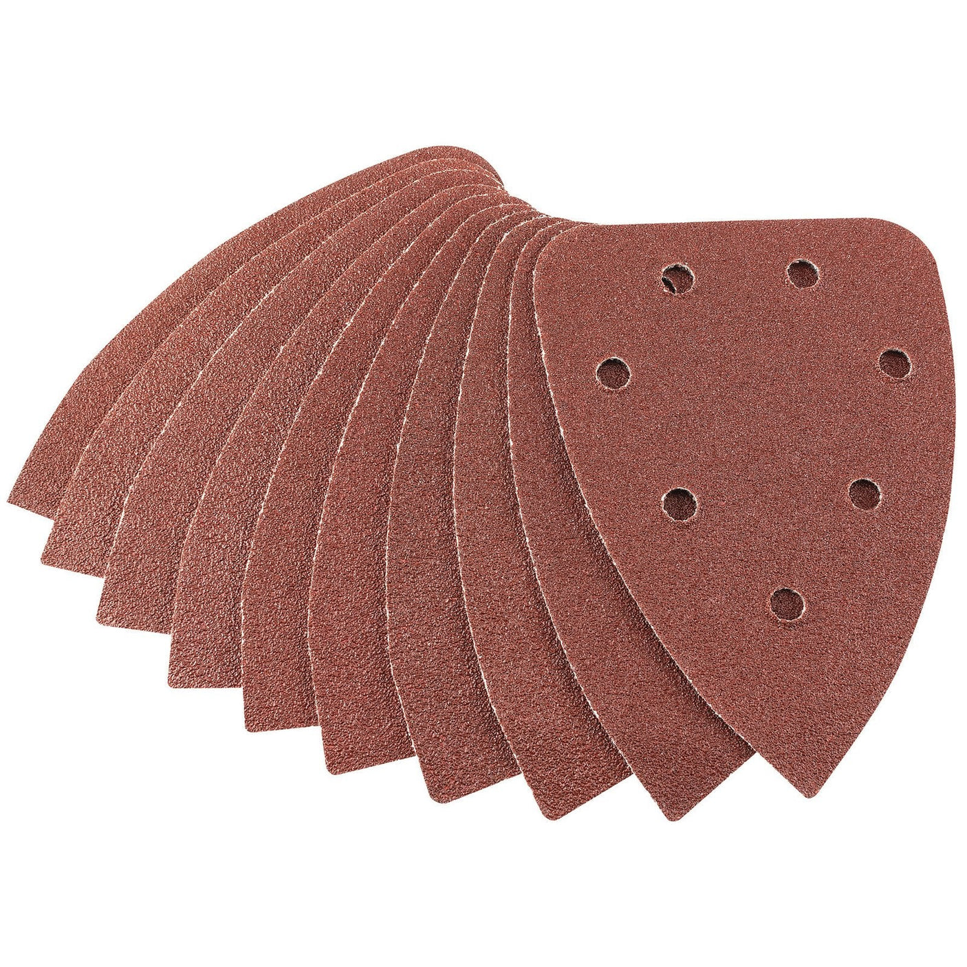 Draper Aluminium Oxide Sanding Sheets, model APT253 (141 X 141 X 98mm, 60 Grit), arranged in a fan formation feature a distinctive teardrop shape with multiple perforated holes and are built from robust aluminium oxide.